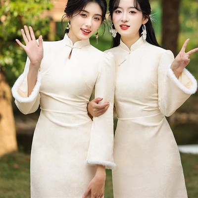 新中式旗袍伴娘服2025新款姐妹团礼服裙女订婚平时可穿秋冬季长袖