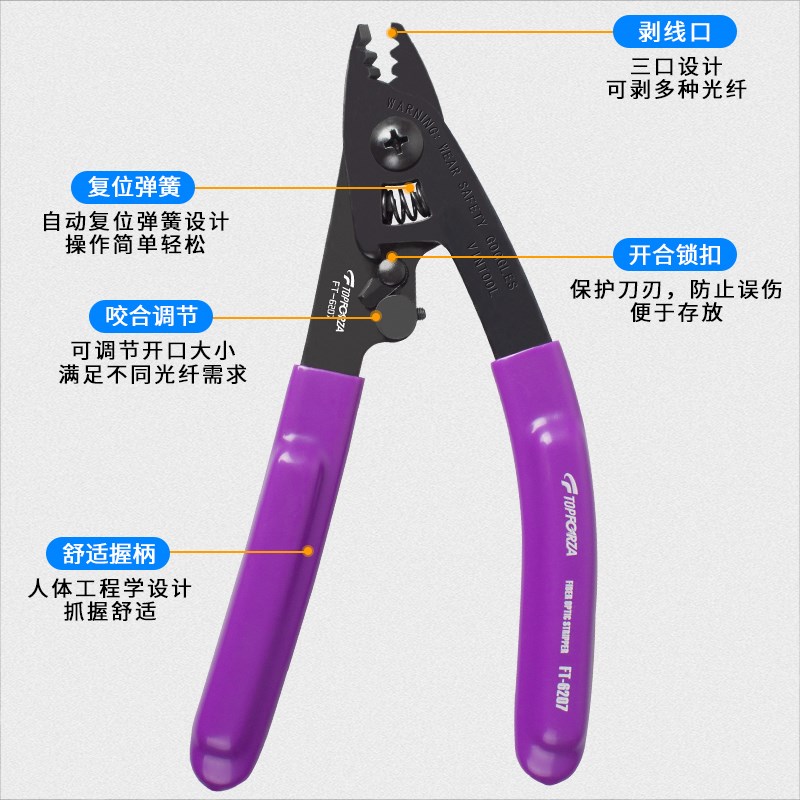 拓伏锐FT-6207 光纤剥线钳三口米勒钳三段式剥纤钳皮线光缆开剥器