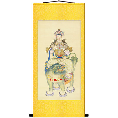明清古画版 文殊菩萨佛画像 丁观鹏复古绢布卷轴挂画丝绸画装饰画
