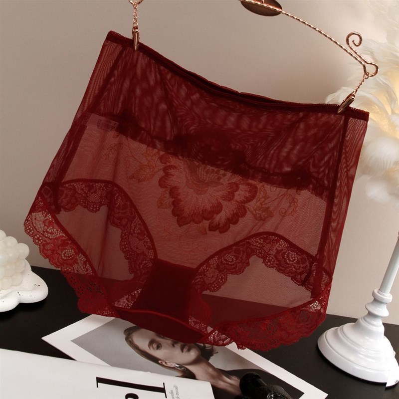 大红内裤女性感蕾丝无痕网纱透明纯棉包臀收腹大码中高腰短裤绣花
