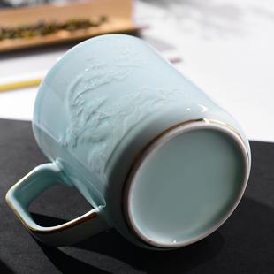 景德镇手工影青陶瓷办公陶瓷杯带盖大容量泡茶杯子会议杯家用水杯
