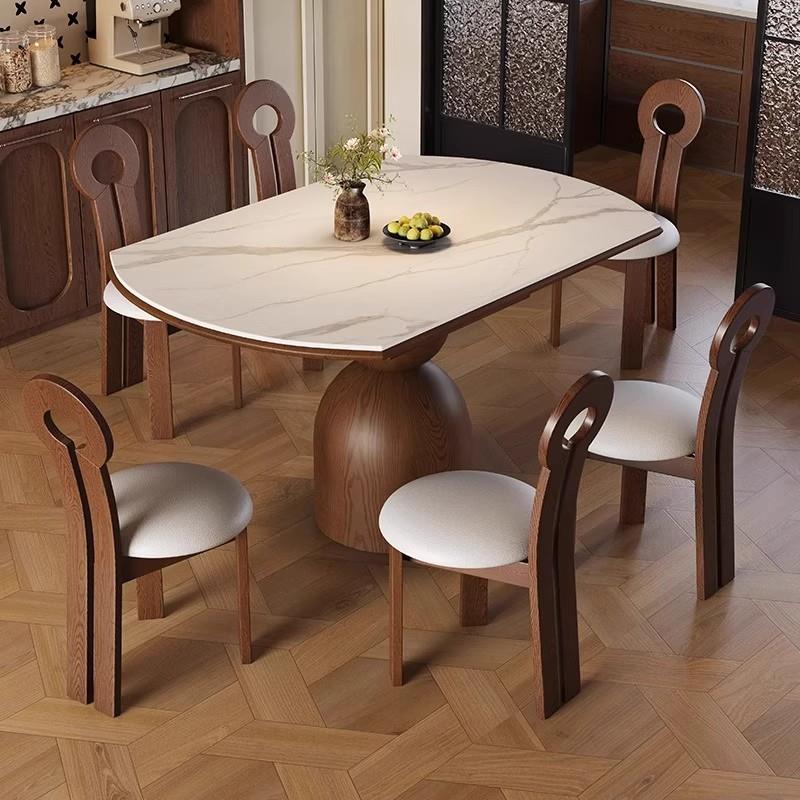 法式中古风实木岩板餐桌椅组合现代家用小户型可伸缩方圆两用饭桌