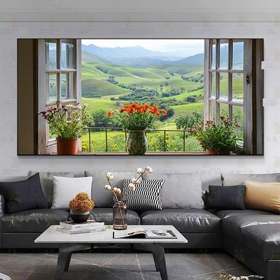 田园风格春暖花开真假窗风景壁画客厅空间延伸装饰画窗挂画