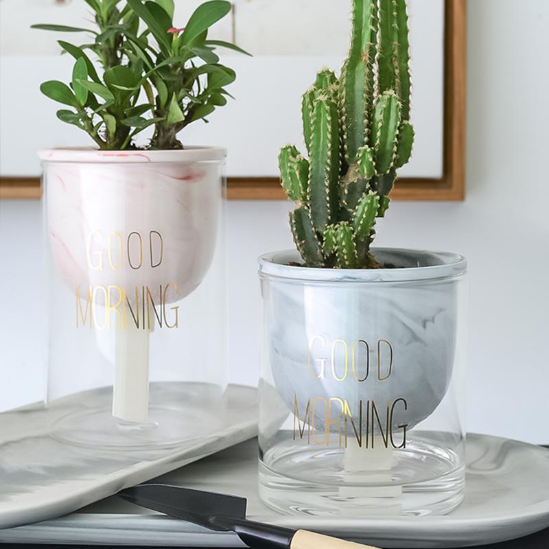 现代简约创意懒人自动吸水多肉花盆陶瓷绿箩玻璃水培花器Ins新款