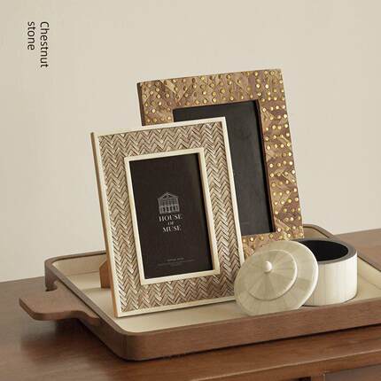 栗子石中世纪风格牛骨相框饰品样板间客厅桌面艺术装饰6英寸7英寸