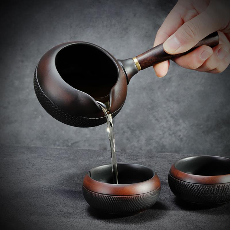 成仙覆古手工跳刀紫陶公道杯单个黑檀木侧把陶瓷分茶器茶海茶具