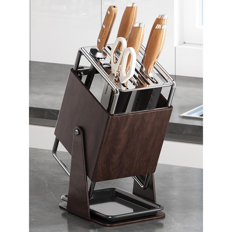 厨房台面旋转刀架多功能刀具沥水收纳架家用不锈钢一体刀座置物架