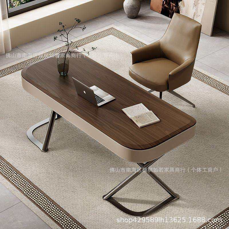 马鞍皮高端实木书桌轻奢现代简约家用书房卧室胡桃木皮办公电脑桌