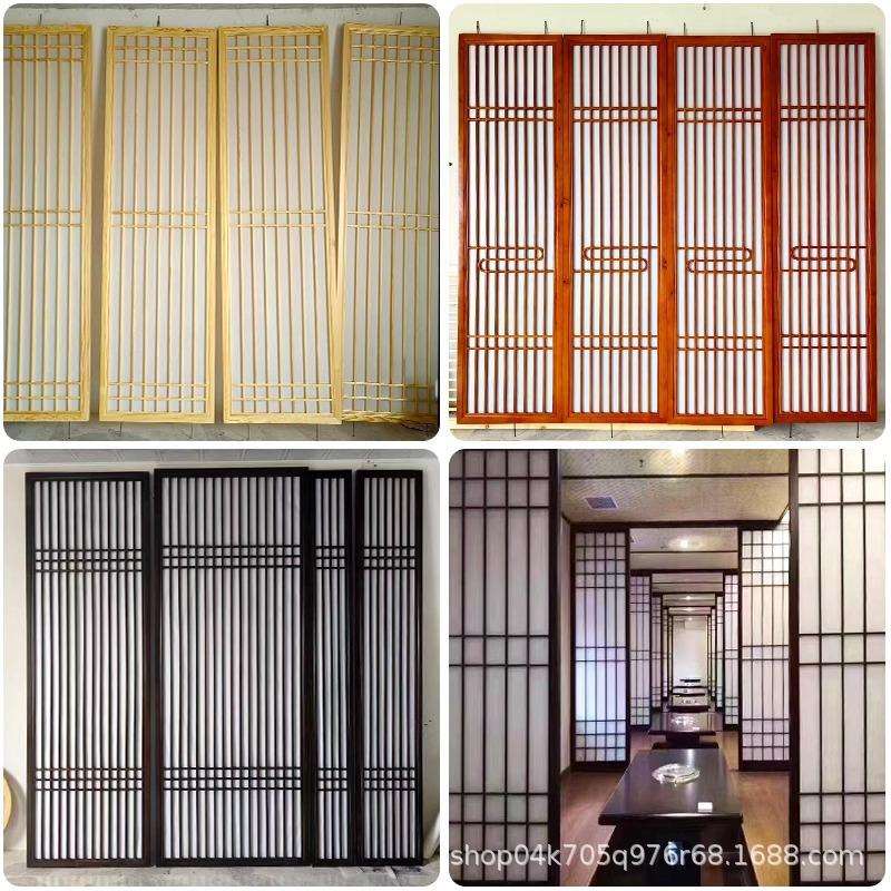 新中式花格纱画屏风隔断实木格栅镂空花格纱画客厅入户对门玄关遮
