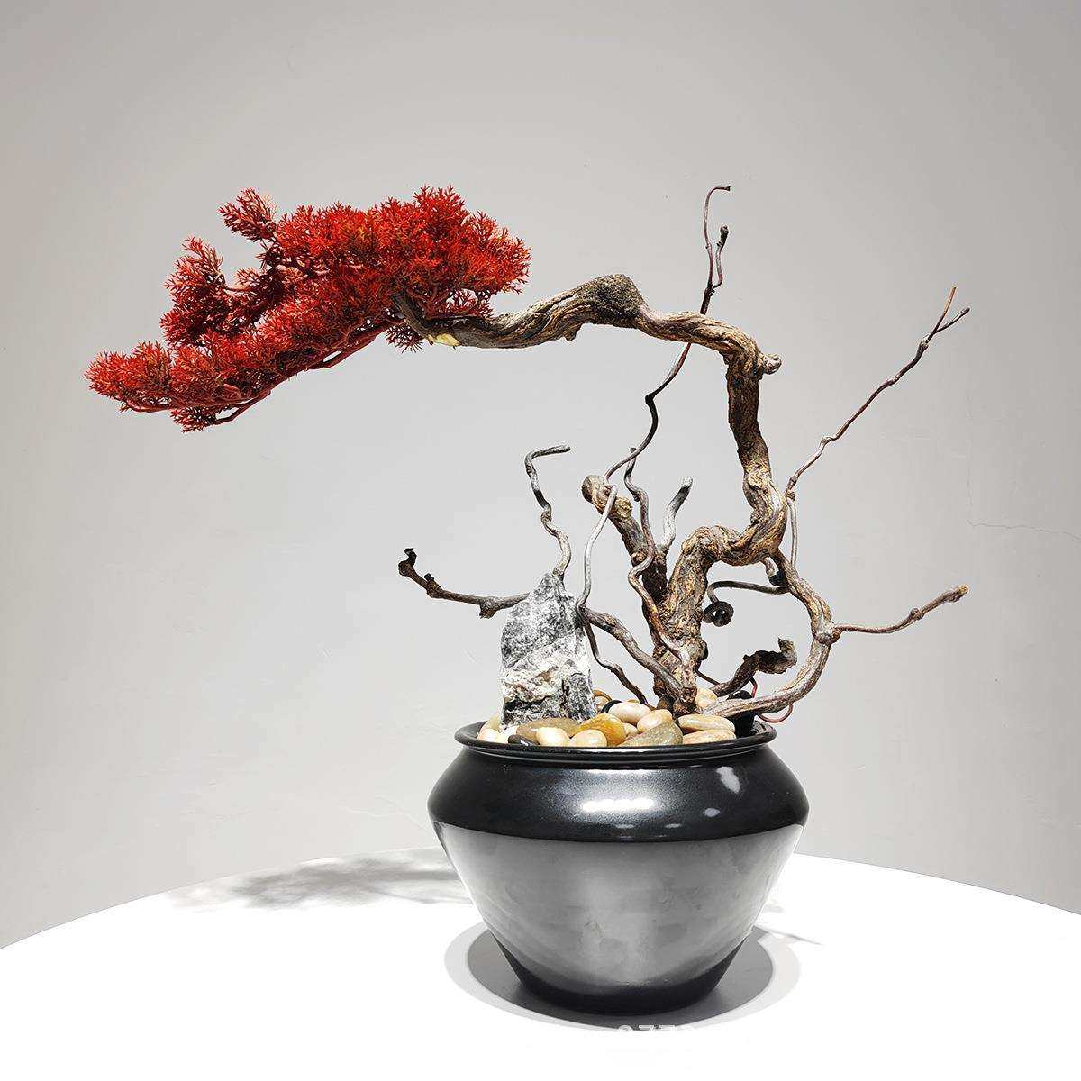 新中式崖柏绿植盆景样板房电视柜售楼处玄关桌酒店前台装饰品摆件