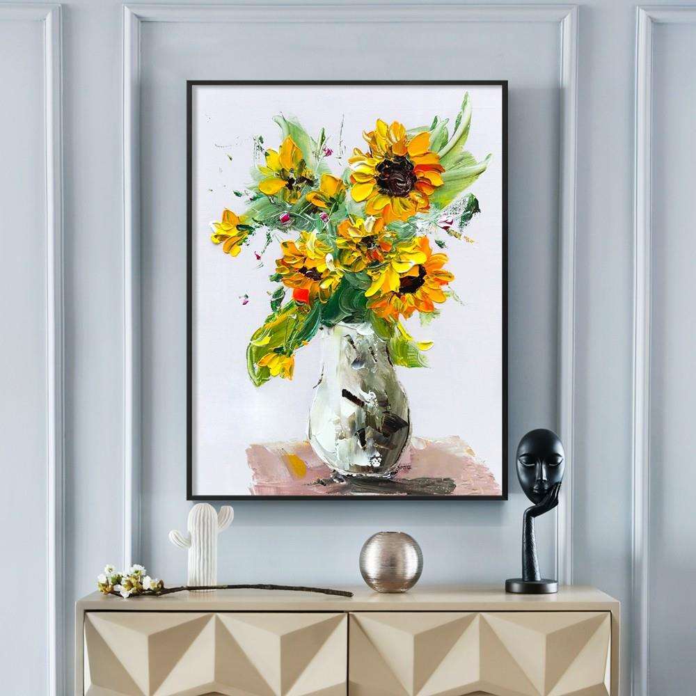 纯手绘立体现代装饰画静物花瓶向日葵油画入户玄关轻奢油画艺术画