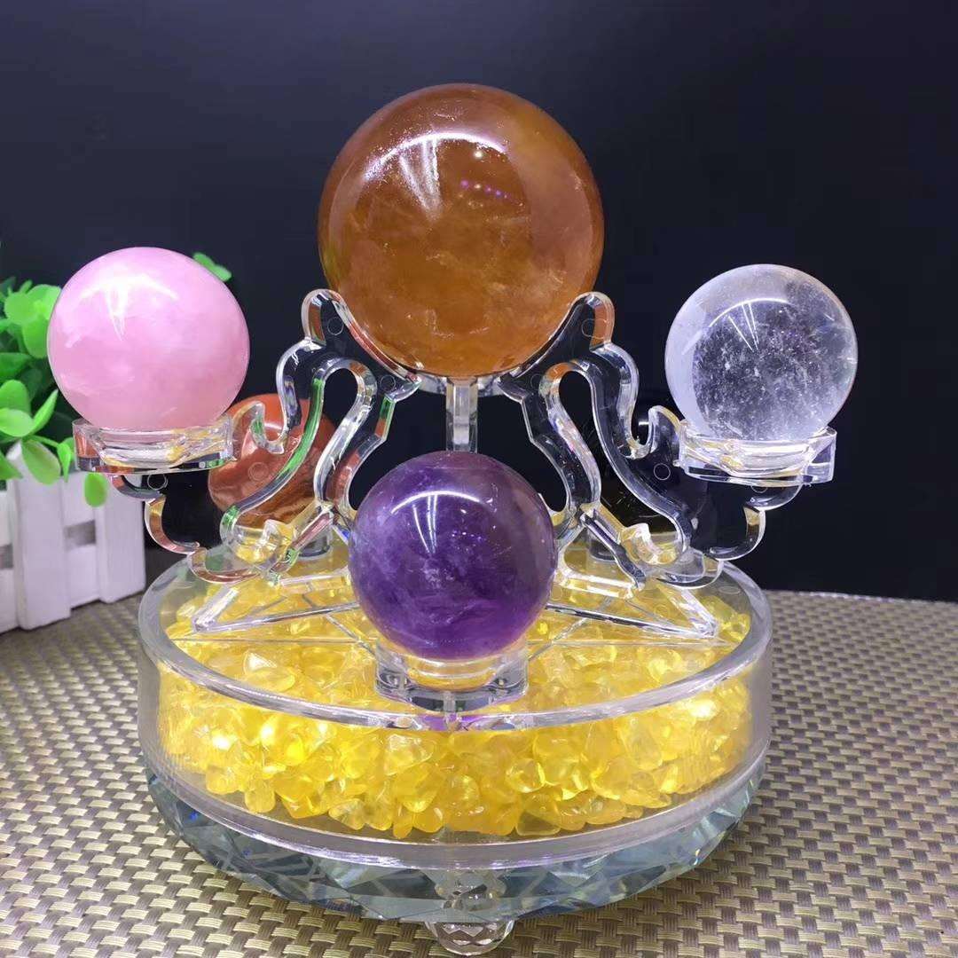 七彩水晶球七星阵摆件 紫水晶粉水晶摆件 黄色冰洲球七星阵