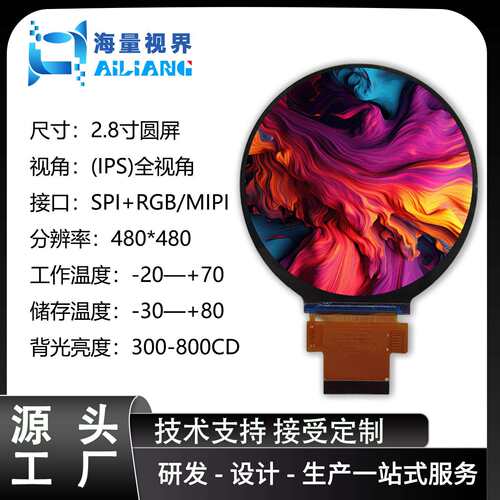 2.8寸液晶显示屏480X480IPS圆形屏LCD圆屏电脑智能家居扫地机智能