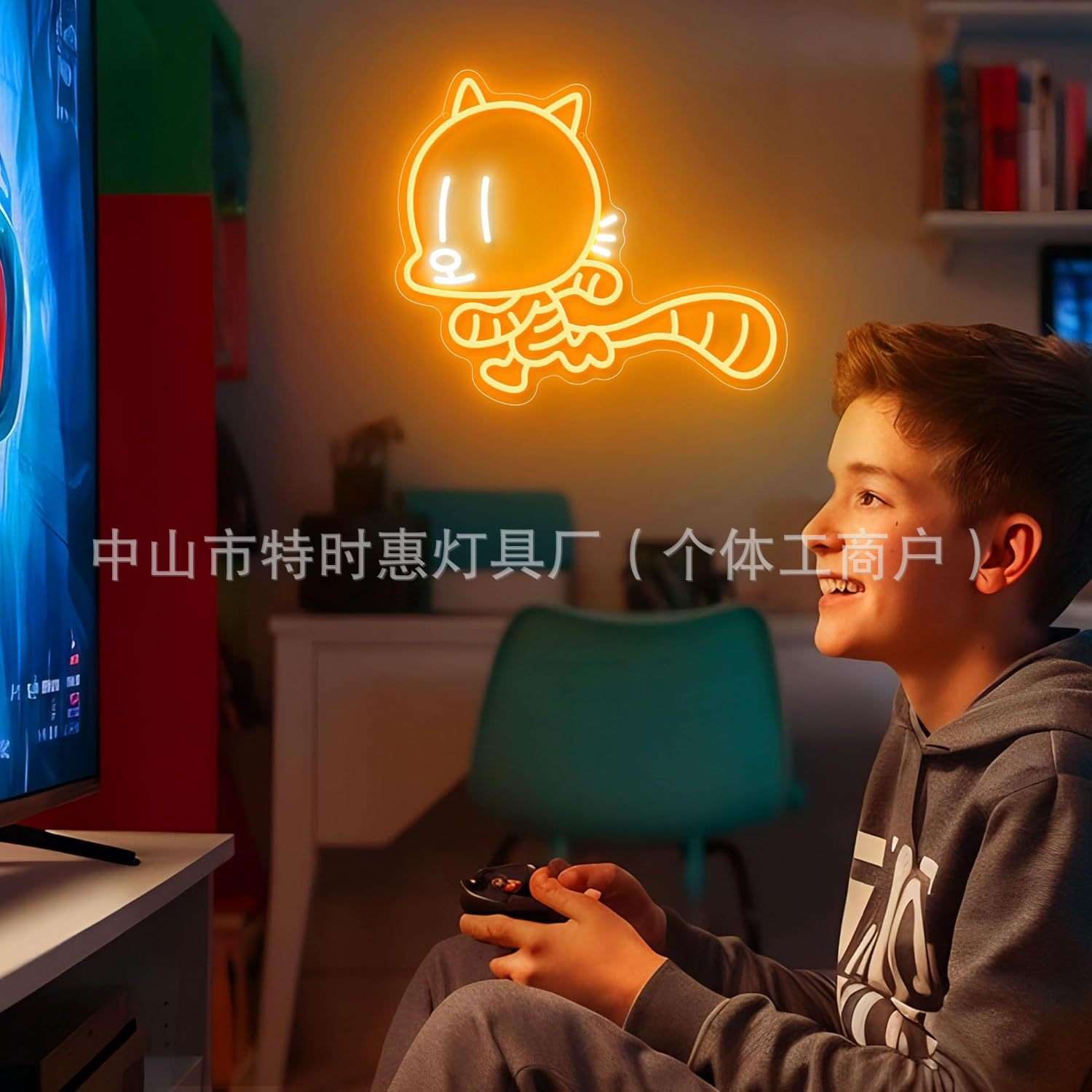 LED霓虹灯猫吃面条造型发光灯牌面馆网红墙面装饰广告牌