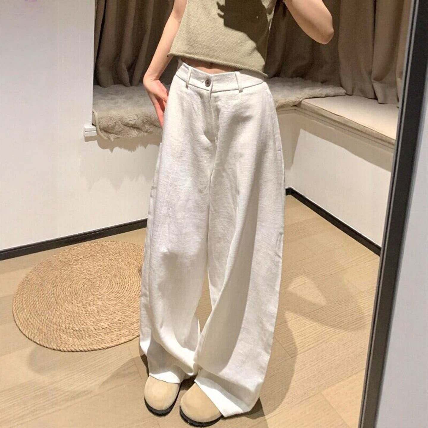 白色纯棉弯刀裤女2026秋款大码胖mm显瘦裤子韩系松弛感阔腿裤