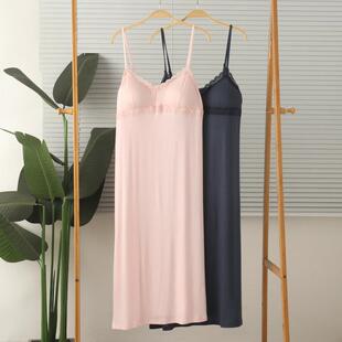 外贸女莫代尔棉薄款带胸垫BRA吊带裙睡裙睡袍裙子凉爽夏大尺码