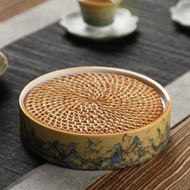 千里江山陶瓷壶承壶垫杯垫藤编干泡台茶盘壶托 托功夫茶具紫砂壶,餐饮具,茶道/零配,淘宝优惠券,粉丝福利购,淘宝优惠卷