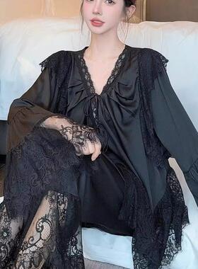 冰丝睡衣女款夏季高级感黑色真丝绸长袖长裤法式公主风家居服套装