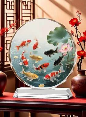 九鱼图水晶画摆件牡丹荷花九鱼聚财家居客厅办公室桌面装饰品摆件