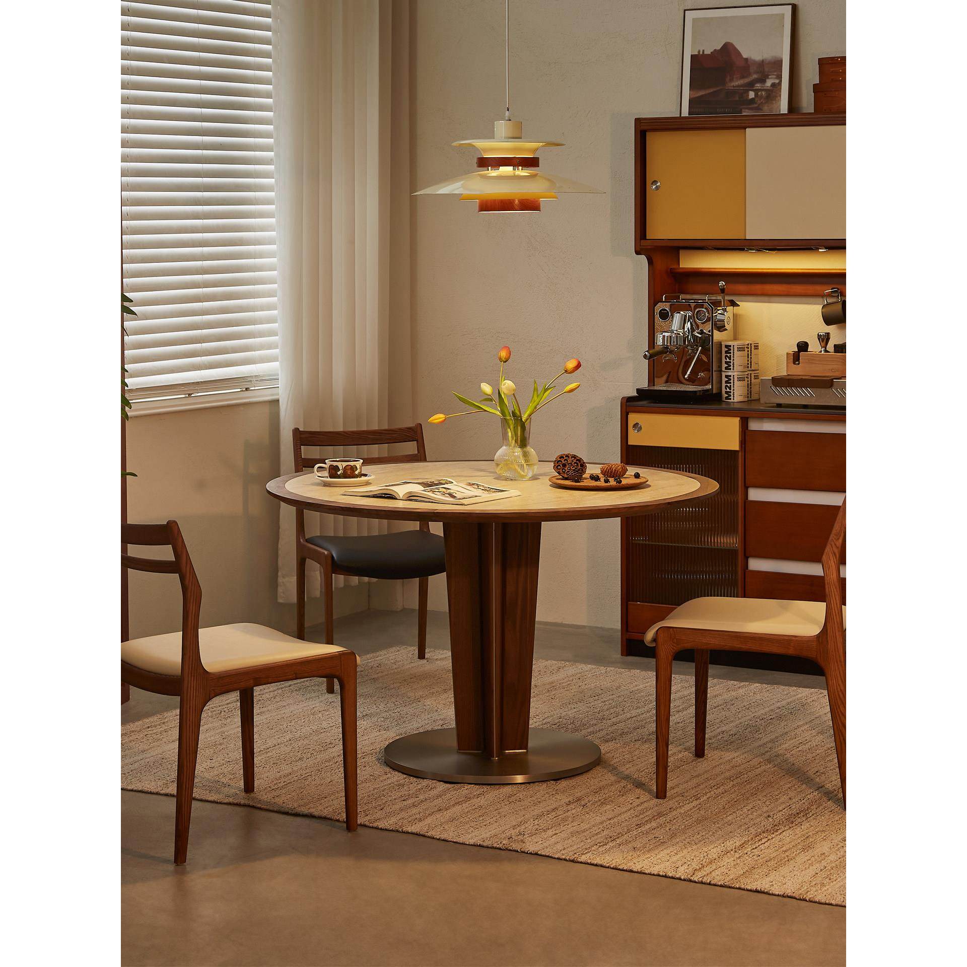 木陌家具楼兰餐桌覆古洞石岩板饭桌小户型家用胡桃木实木中古圆桌,住宅家具,岩板餐桌,淘宝优惠券,粉丝福利购,淘宝优惠卷