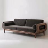 新中式 直排三人位布艺轻奢舒适客厅沙发 胡桃木实木沙发2025新款