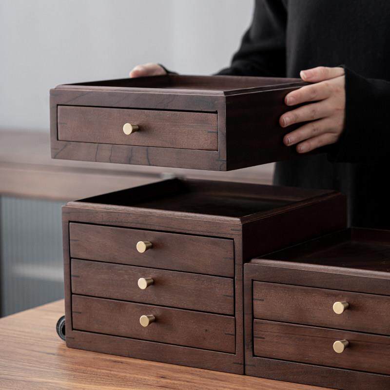 胡桃实木普洱茶饼盒家用中式多层可叠加抽屉式收纳盒 撬茶分茶盘