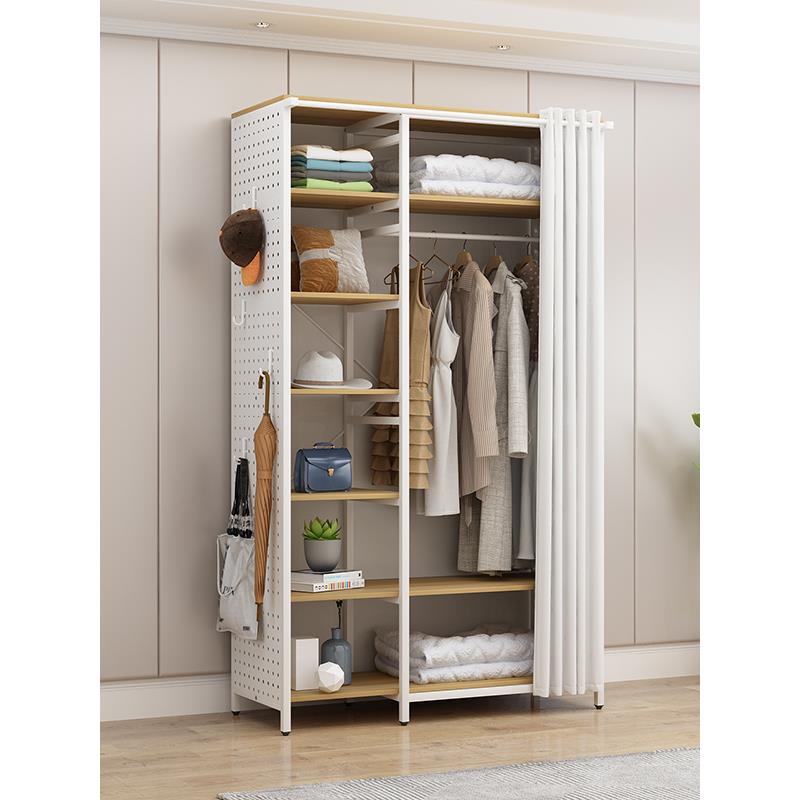 实木生态板开放式钢架金属洞洞板防尘罩帘落地衣帽架单层挂衣橱柜