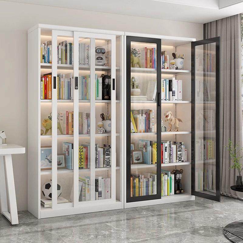家用钢制书架推拉门防尘玻璃书柜带锁展示柜落地收纳储物柜新款