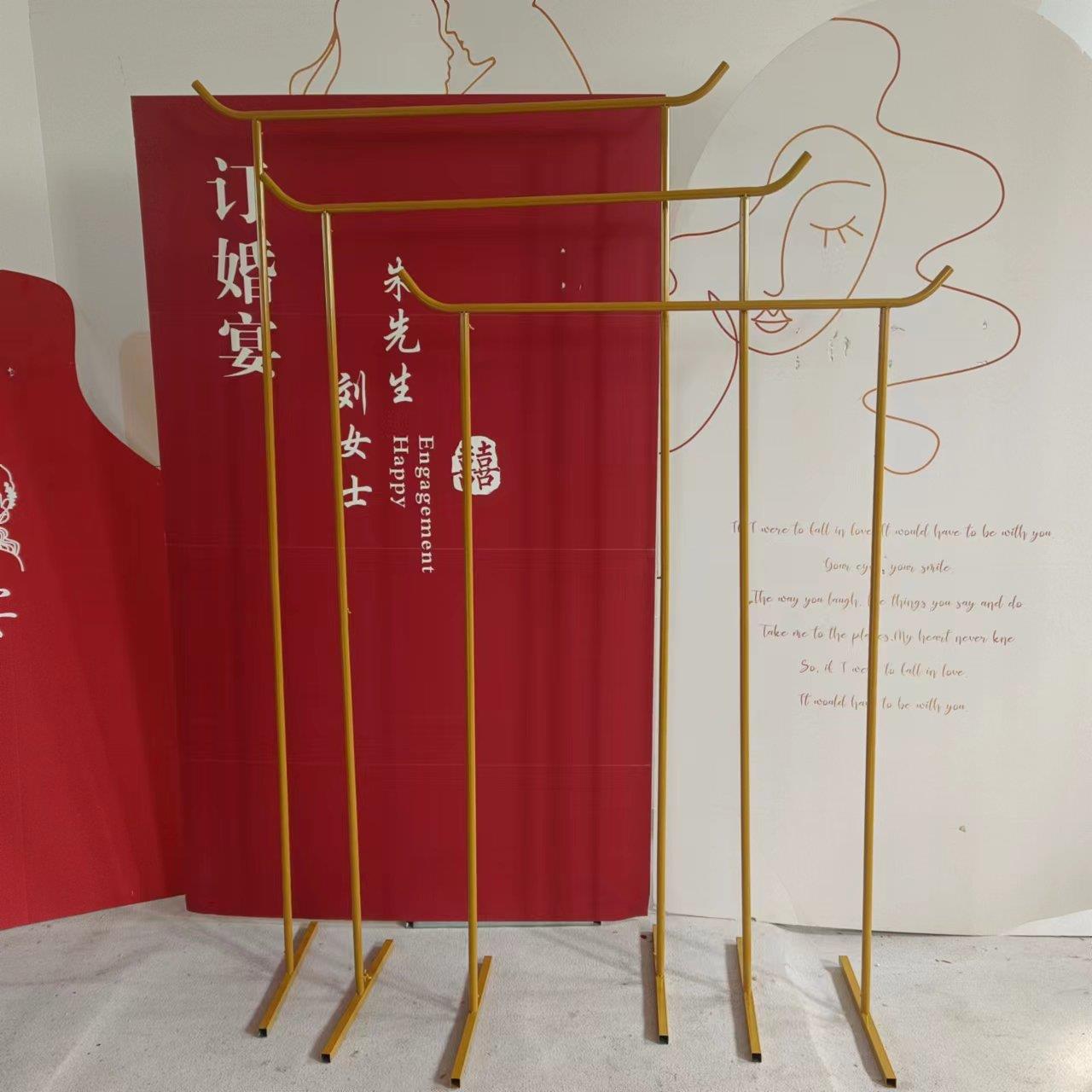 婚庆新款中式铁艺牛角拱门金色铁架婚礼舞台装饰背景架中式牛角门