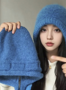 蓝色针织毛线帽子女款2025新款秋冬保暖护耳大头围韩系百搭包头帽