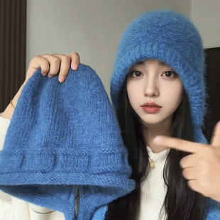 蓝色针织毛线帽子女款2025新款秋冬保暖护耳大头围韩系百搭包头帽