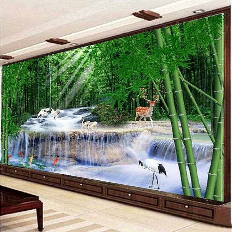 新款直销钻石画竹子仙鹤流水生财客厅山水风景画新款5d贴钻十字绣