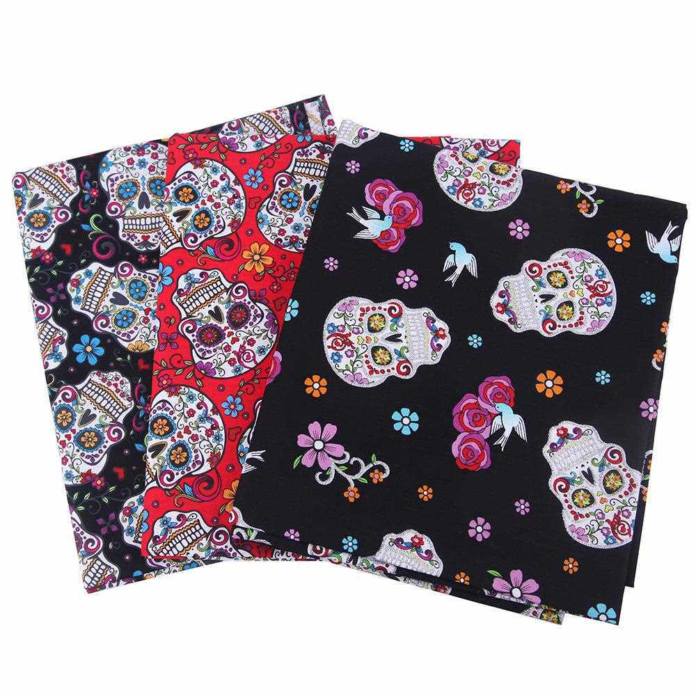 新款直销万圣节 外贸棉布拼布3色骷髅头DIY手工布料平纹50*50cm
