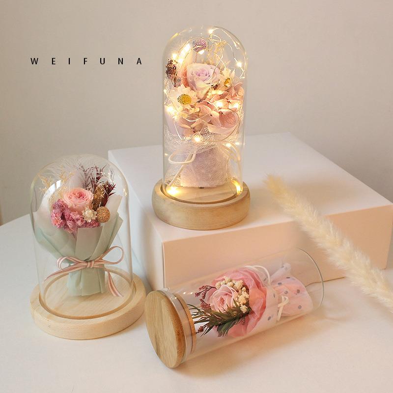 直销新款永生花玻璃罩玫瑰花成品情人节送女友礼物礼盒干花创意礼