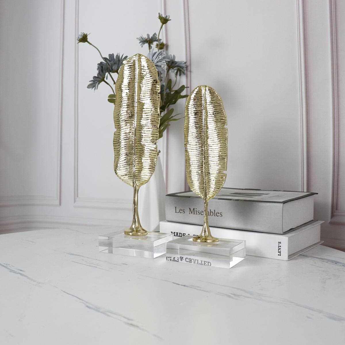 直销新款金属芭蕉叶子软装饰品办公室书房书柜水晶工艺品摆设创意