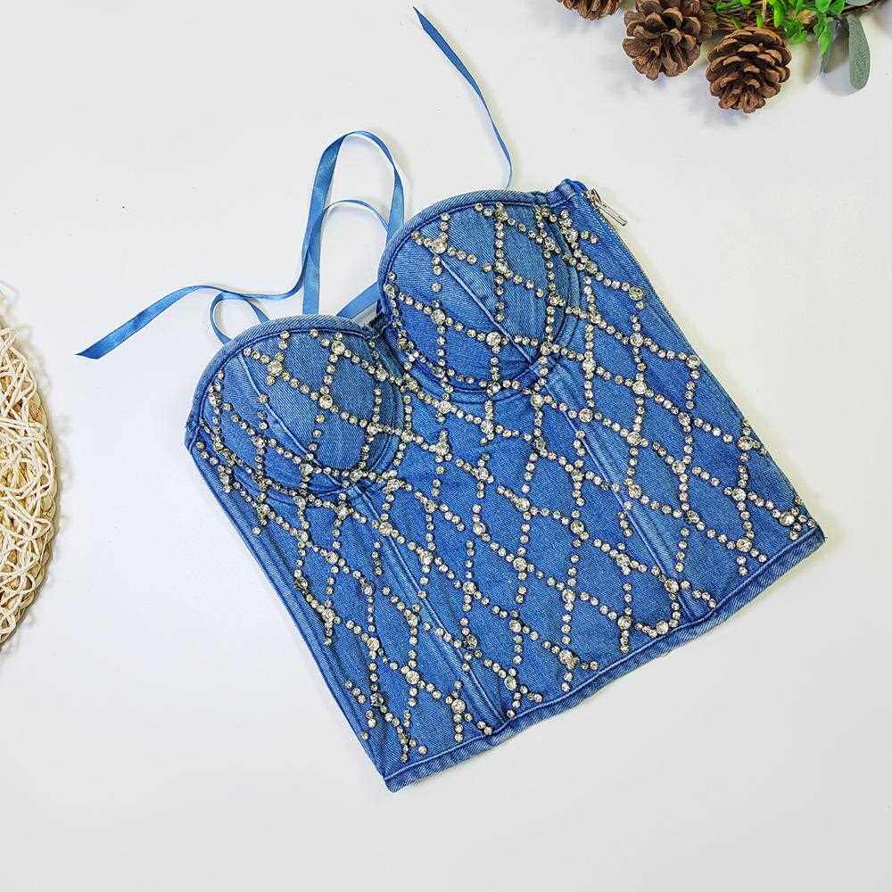 直销新款欧美塑身牛仔抹胸外穿收腰鱼骨上衣钉珠马甲炸街辣妹绑带