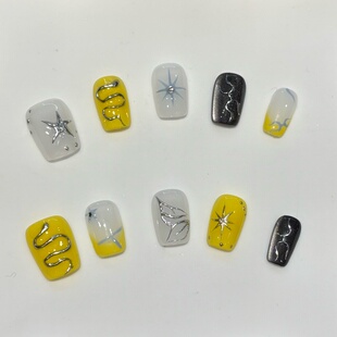 墨本【夏日柠蛇】纯手工黄色蛇形短方穿戴甲短款美甲贴片显白