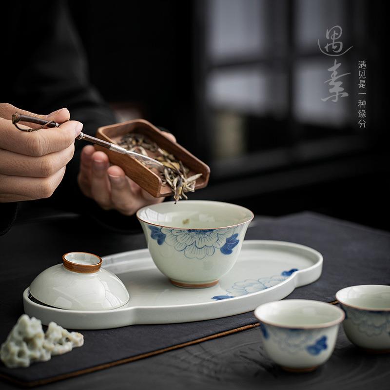 直销新款家用功夫茶具套装一盖碗二杯简约泡茶会客陶瓷喝茶茶杯干