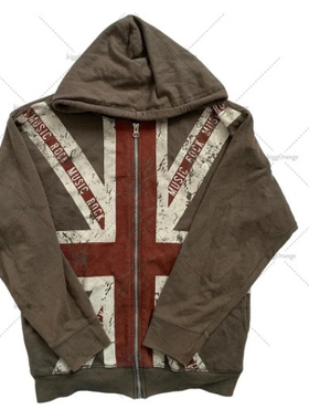 UK Vintage Hoodie Zip Up Top Men Women 米字架拉链连帽衫Y2K