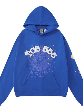 Sp5der 555555印花连帽卫衣休闲宽松连帽衫蜘蛛网图案街头套头衫