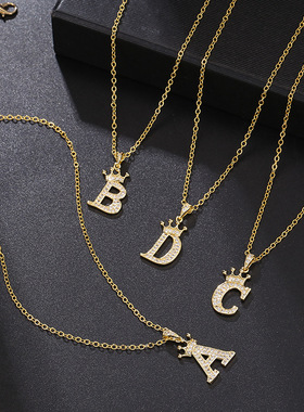 新款时尚锆石皇冠英语字母吊坠 简约时尚女士项链颈链 厂家直供