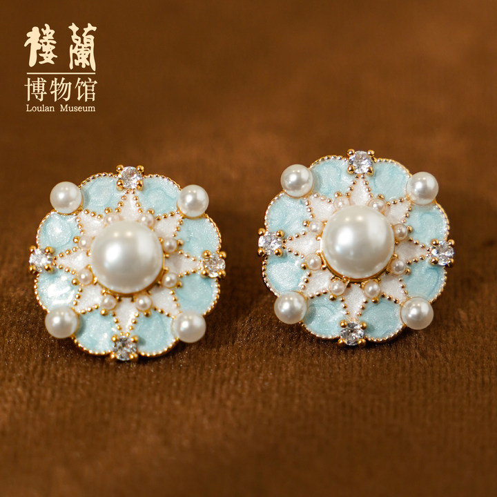 楼兰博物馆复古蓝色四瓣花滴油流光贝珠耳钉高级锆石耳饰,节庆用品/礼品,创意礼盒/礼品套组,淘宝优惠券,粉丝福利购,淘宝优惠卷