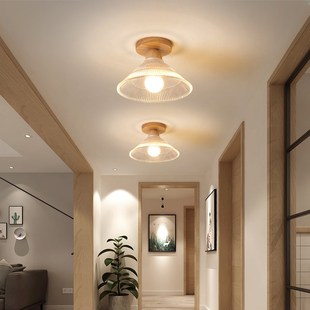 至御日式 过道吸顶灯木艺玻璃玄关阳台小灯简约走廊原木吸顶灯
