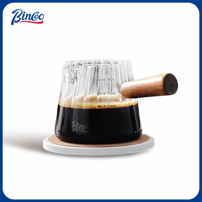 Bincoo玻璃小奶盅带刻度量杯意式浓缩咖啡萃取杯木柄小奶罐盎司杯