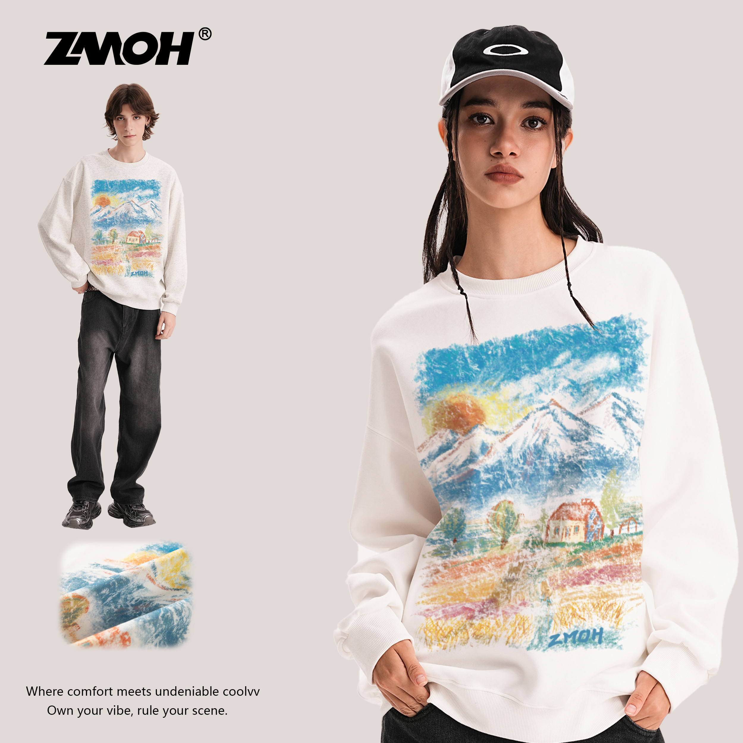 ZMOH情侣圆领卫衣2025年秋季新款美式男休闲女士大码涂鸦长袖上衣