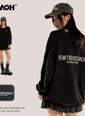 ZMOH圆领卫衣情侣款2025年秋季新款美式长袖男黑色女士反光上衣