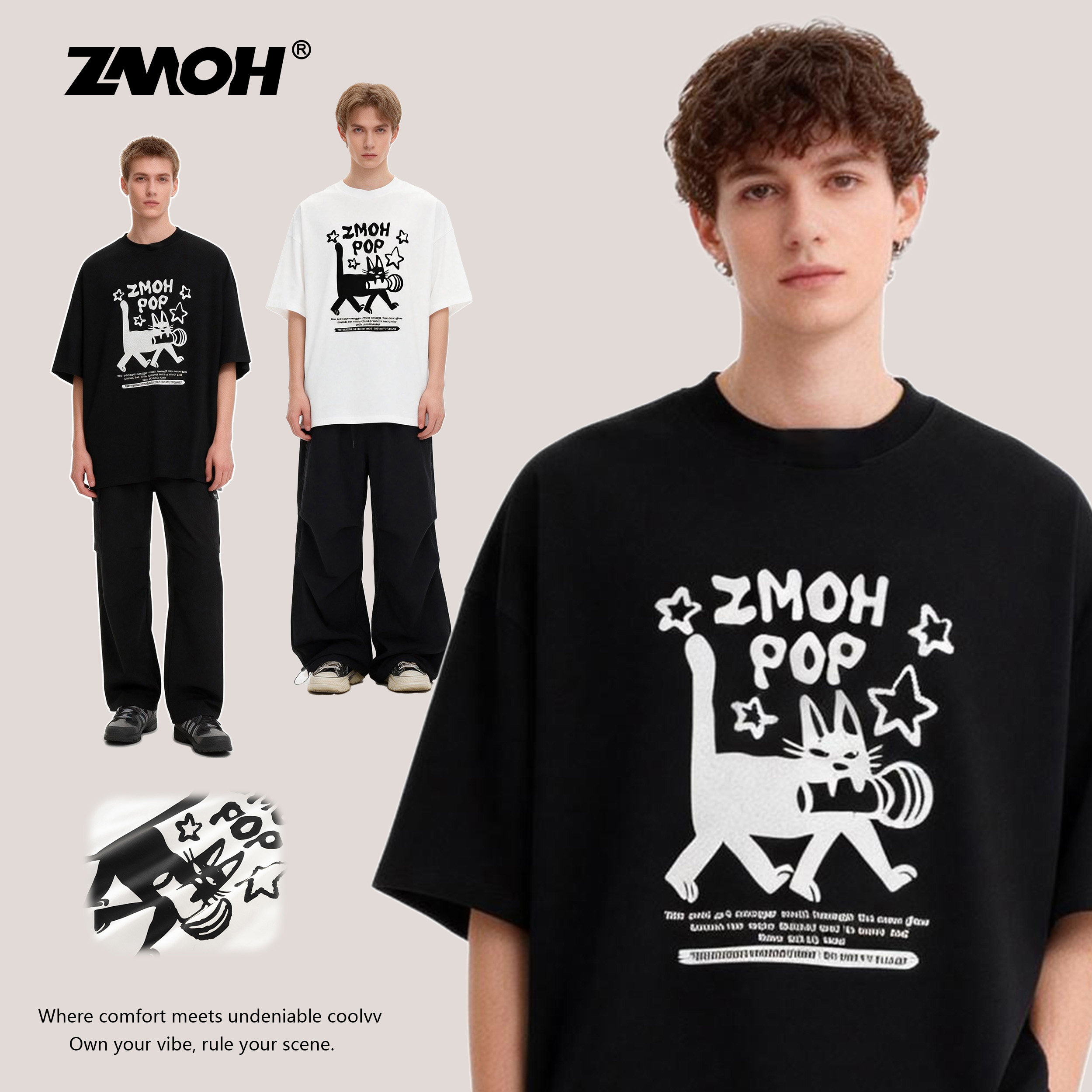 ZMOH圆领男士短袖2026年春季新款纯棉透气女T恤落肩白色美式上衣