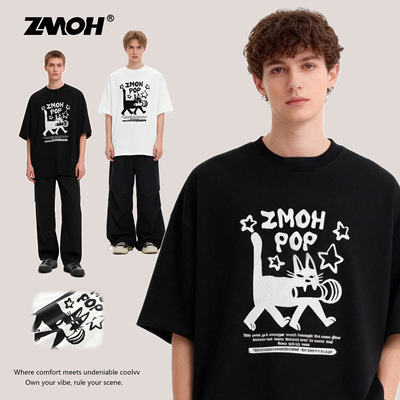 ZMOH圆领男士短袖2026年春季新款纯棉透气女T恤落肩白色美式上衣