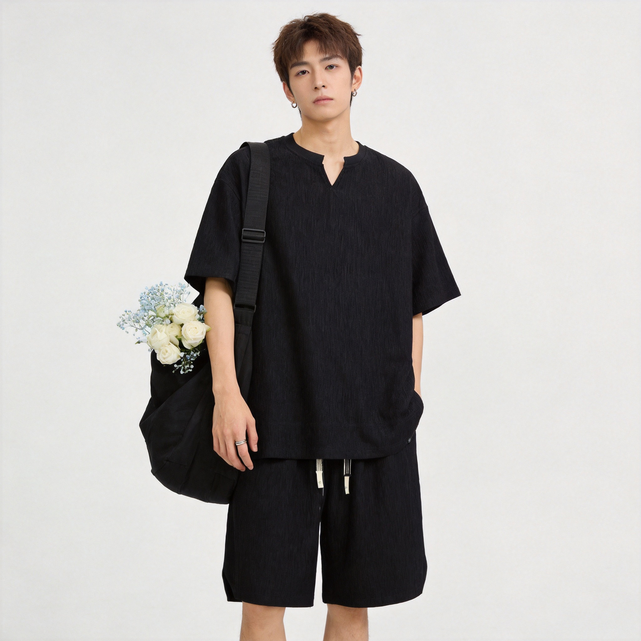 ZMOH短袖套装2026夏季新款男士老钱风上衣短裤女生度假休闲宽松