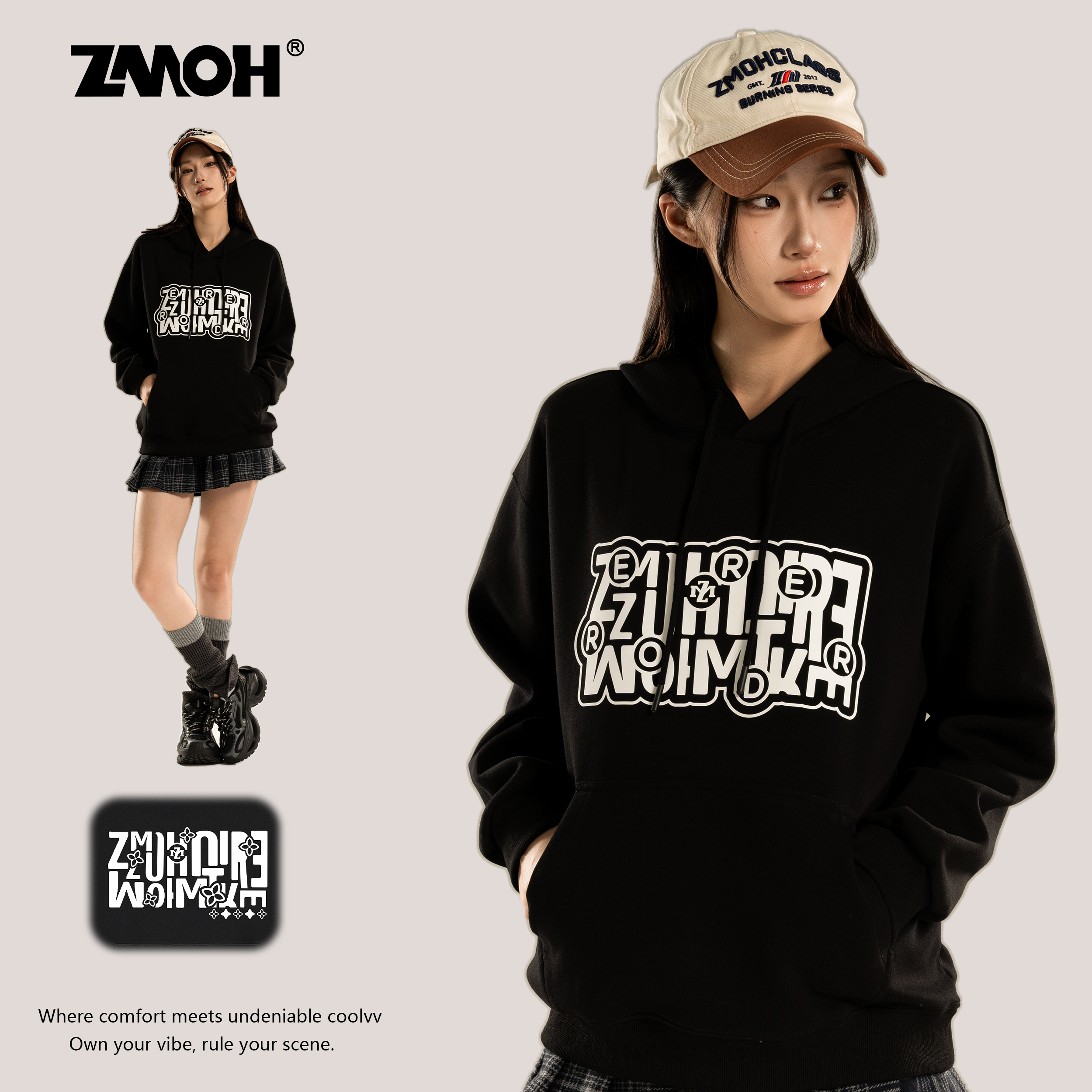 ZMOH连帽卫衣情侣款2025年秋季新款美式长袖男黑色圆领女士上衣